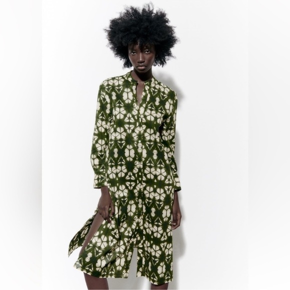 Zara Dresses & Skirts - ZARA Green Abstract Print Midi Shirt Dress – Size M – Perfect Condition